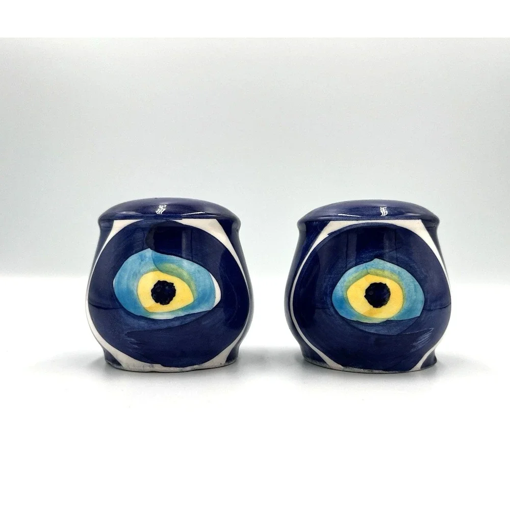 Papart Evil Eye Salt & Pepper Shakers Blue Yellow Ceramic (no stoppers)
